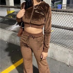 Brown Velvet Embroidered Women's Jogger Set